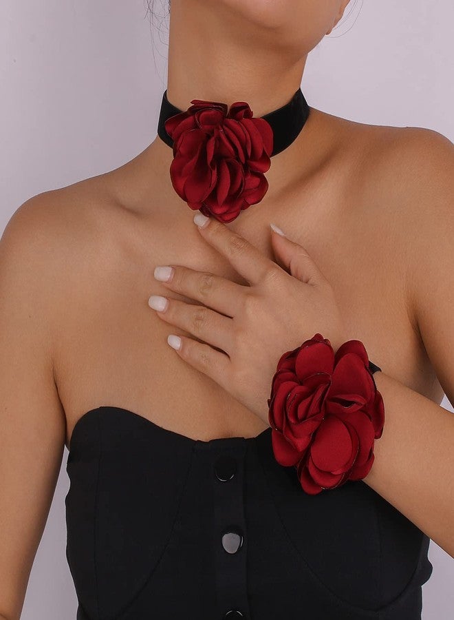 Asphire Vintage Black Suede Choker with Large Flower Elegant Floral Collar Necklace and Bracelet Set 2pcs Prom Party Romantic Rose Accessories for Women (Red) - Image 2