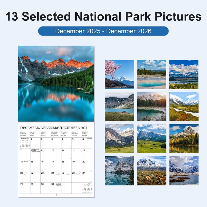 Tuun Fuplan Calendar 2026 - Wall Calendar from January 2026 to December 2026, 3 Languages(English,French,Spanish), 2026 Calendar with Holiday Marked, Premium Paper for Organizing, 12'' x 12'', National Park-C - Image 2