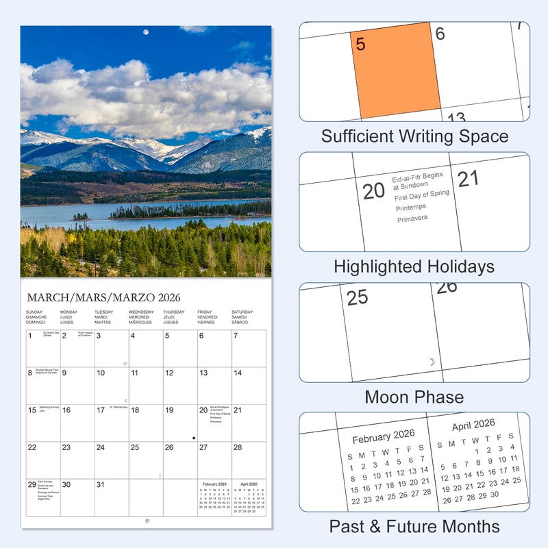 Tuun Fuplan Calendar 2026 - Wall Calendar from January 2026 to December 2026, 3 Languages(English,French,Spanish), 2026 Calendar with Holiday Marked, Premium Paper for Organizing, 12'' x 12'', National Park-C - Image 4