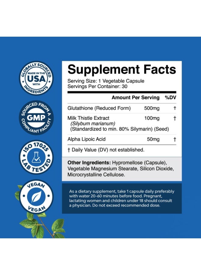 Natures Craft Reduced Glutathione Supplement with Milk Thistle - 500 mg per Serving Pure L Glutathione with Alpha Lipoic Acid & Milk Thistle Silymarin for Skin Radiance, Liver Support & Immune Support - 30 Count - Image 2