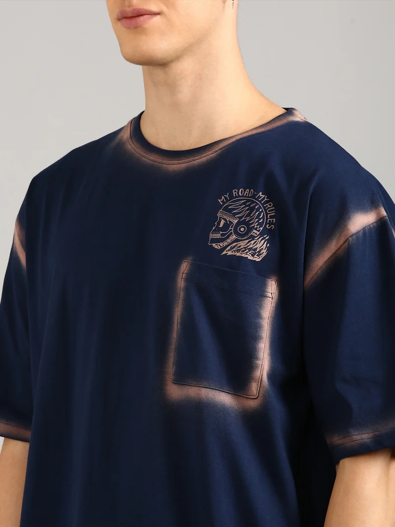 جوفن Men Navy Blue Printed and Pocket Pure Cotton Oversized T-Shirt