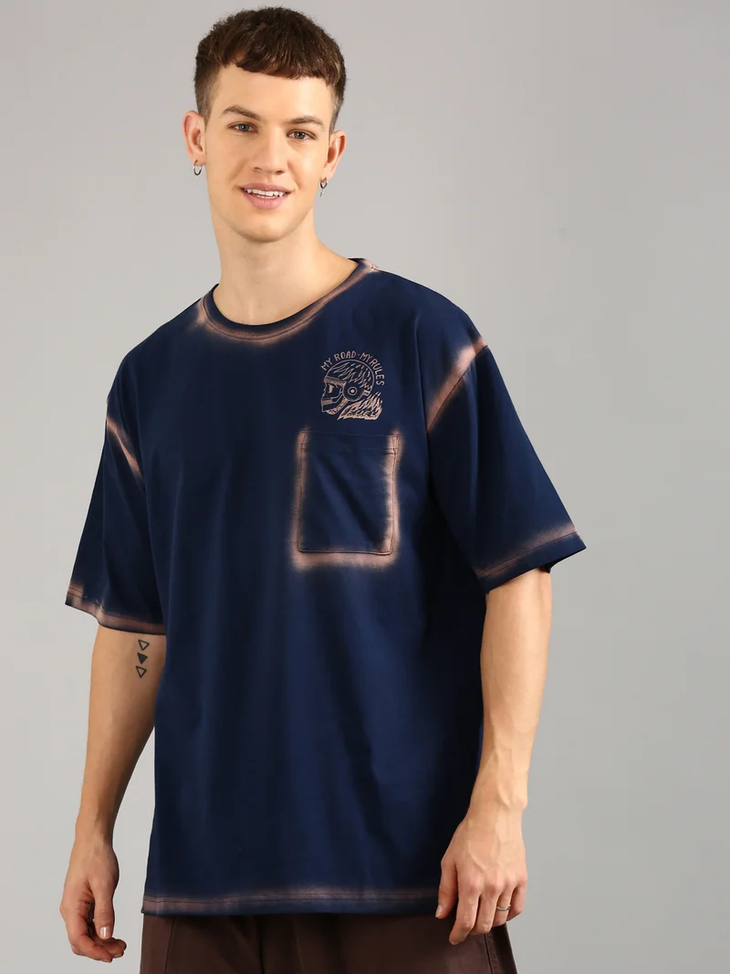 جوفن Men Navy Blue Printed and Pocket Pure Cotton Oversized T-Shirt
