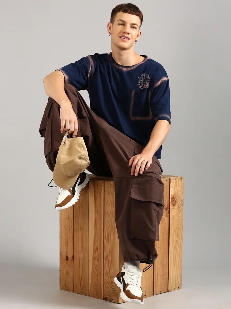 جوفن Men Navy Blue Printed and Pocket Pure Cotton Oversized T-Shirt