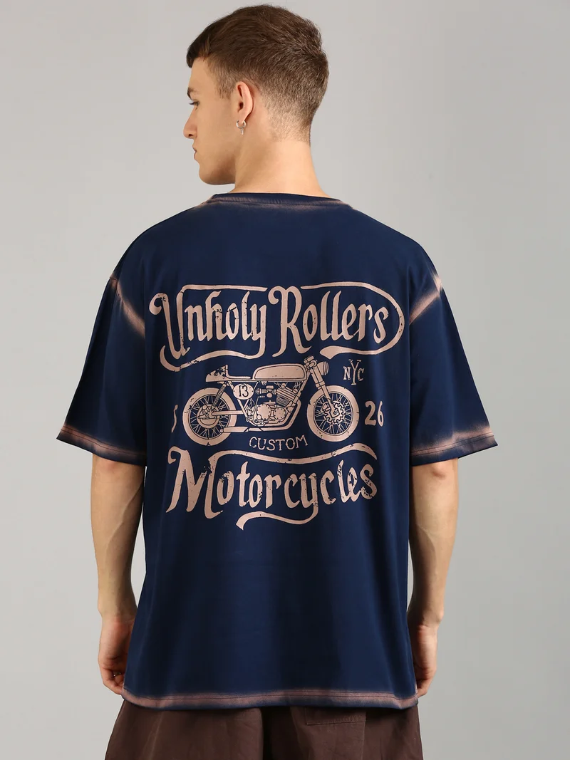 جوفن Men Navy Blue Printed and Pocket Pure Cotton Oversized T-Shirt