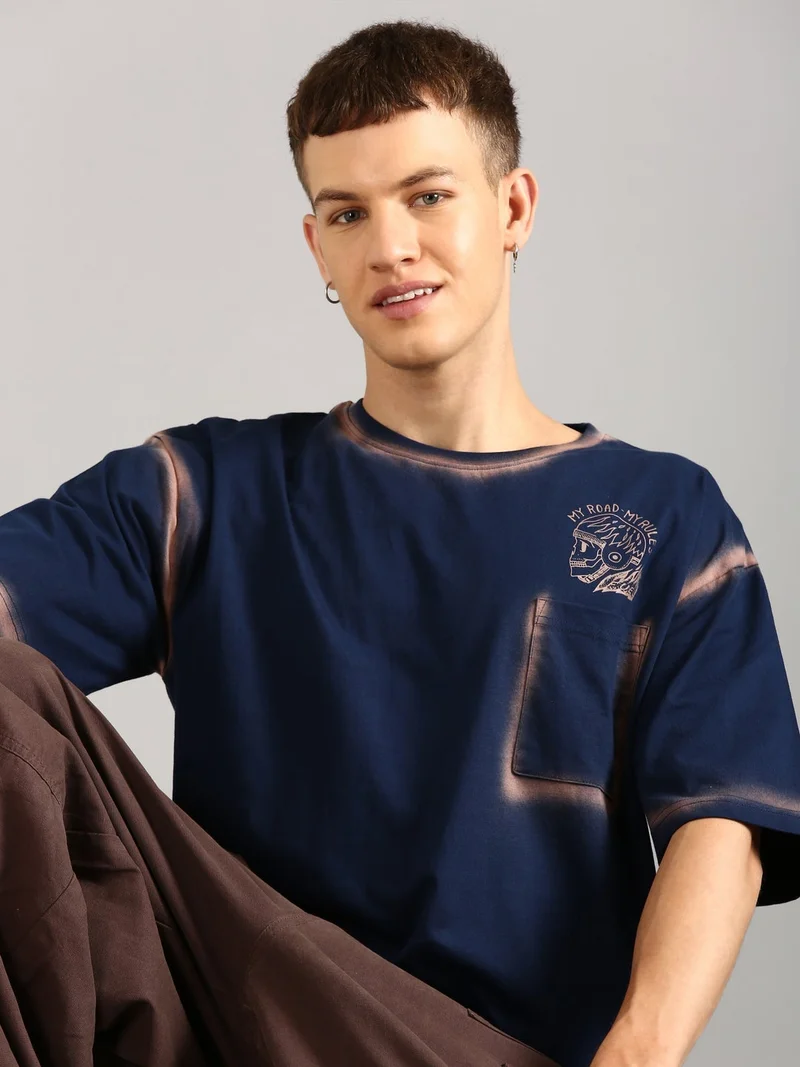 Joven Men Navy Blue Printed and Pocket Pure Cotton Oversized T-Shirt