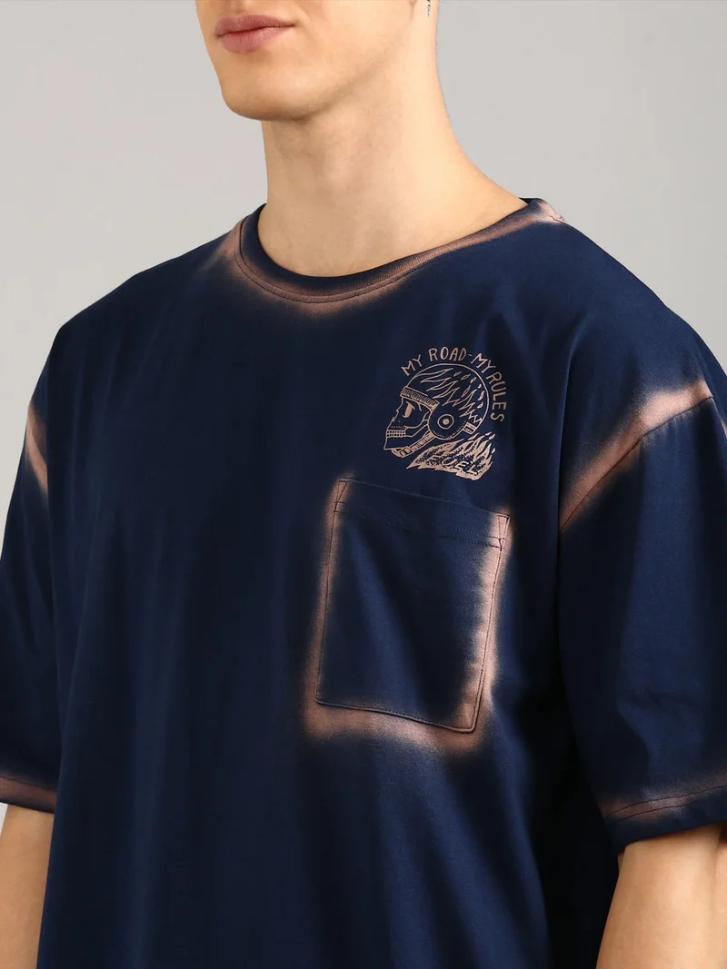 Joven Navy Blue Men Navy Blue Printed and Pocket Pure Cotton Oversized T-Shirt  | Best Price UAE