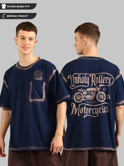 Joven Men Navy Blue Printed and Pocket Pure Cotton Oversized T-Shirt