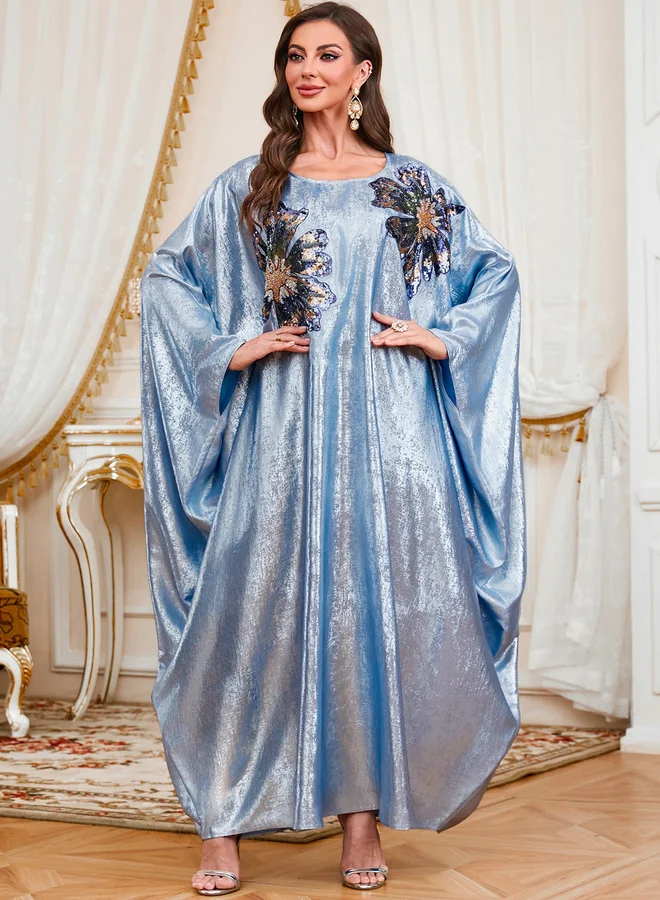 Take Two Blue Sequin Patch Detail Batwing Sleeve Kaftan
