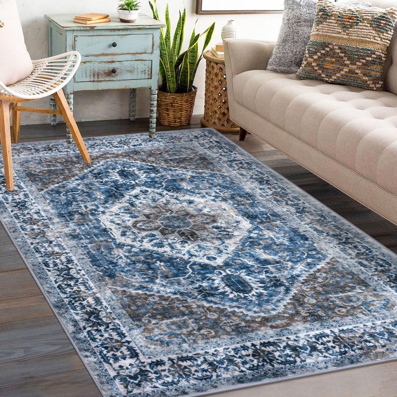 KOZYFLY Boho Area Rug 3x5 Ft Rugs for Entryway Washable Entry Rug Non Slip Door Mat Indoor Entrance Blue Printed Faux Wool Vintage Kitchen Rug Throw Rugs for Entrance Kitchen Living Room - Image 2