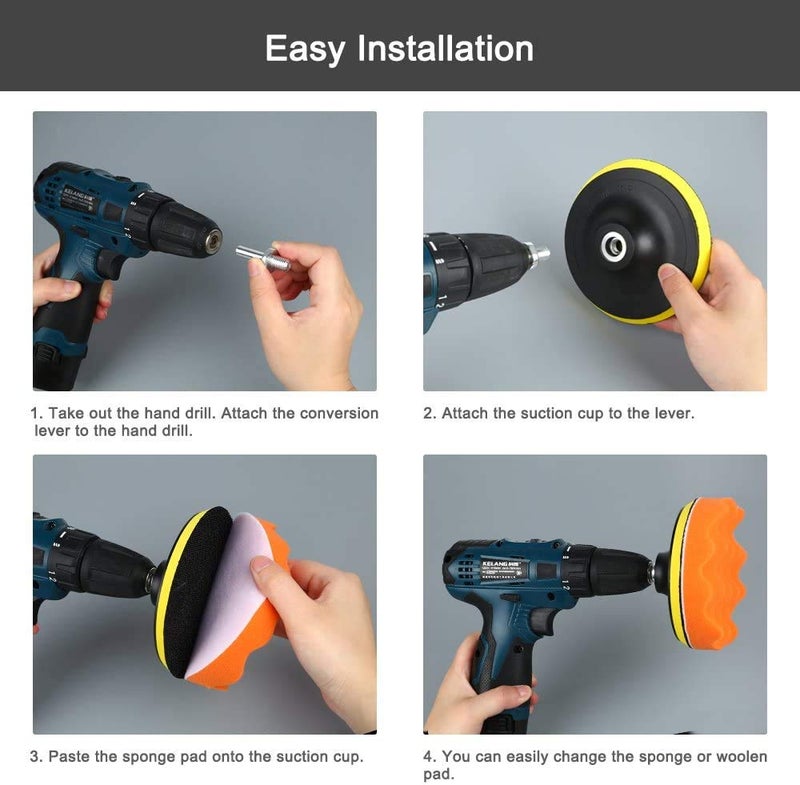 JERN طقم وسادات تلميع/تلميع 7 قطع، مجموعة وسادات تلميع إسفنجية وصوفية مع محول مثقاب M14 (4 و 6 بوصات مجموعة من 14) - Image 3