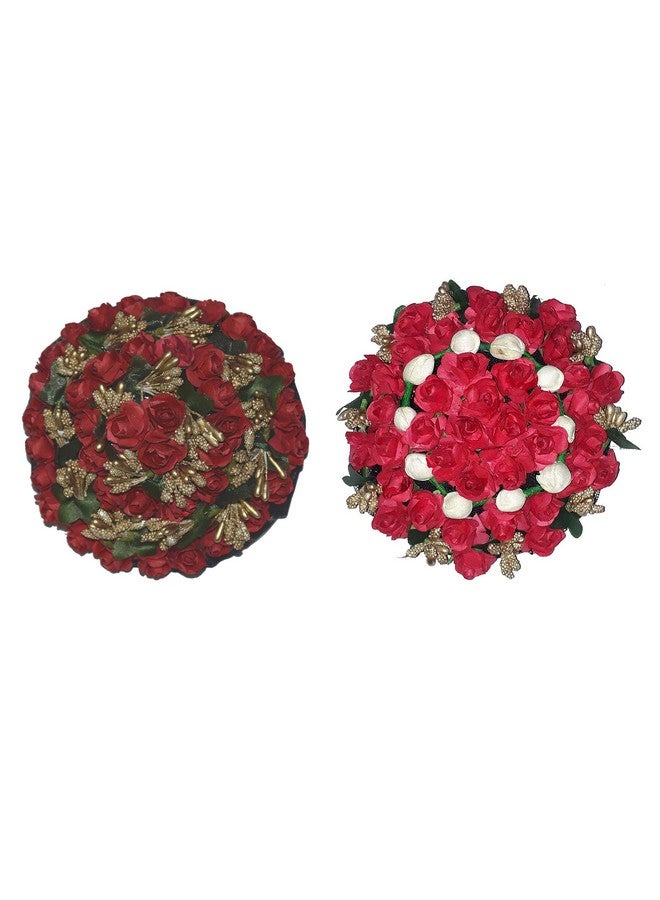 AROOMAN™ Full Juda Bun Hair Flower Gajra Combo for Wedding and Parties Red Color Pack of 2 - Image 1