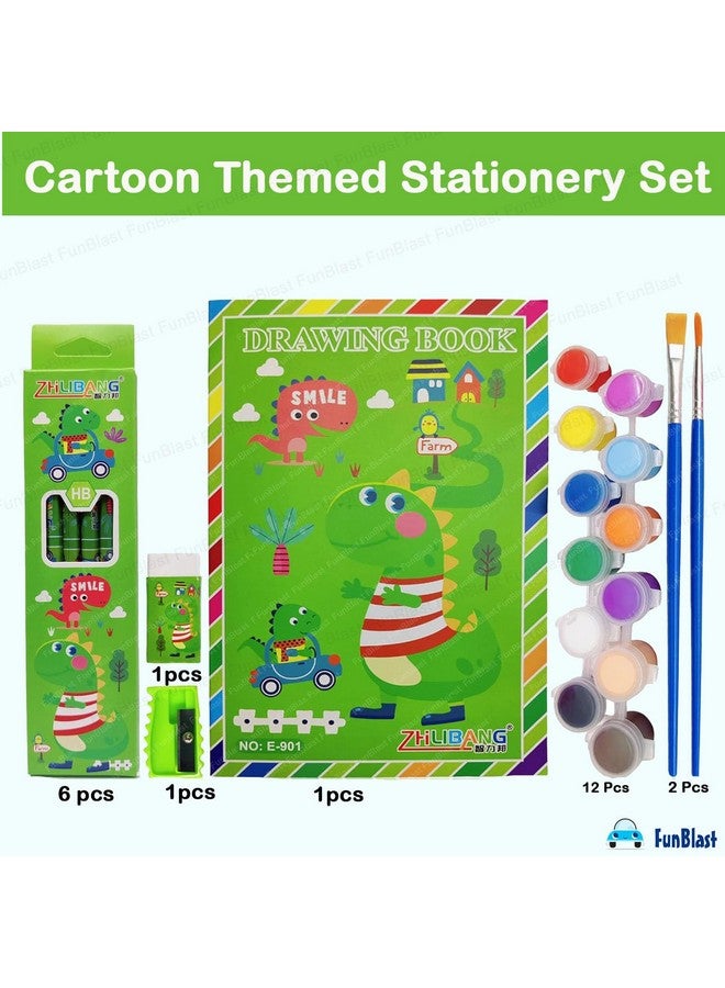 FunBlast Stationery Kit for Kids - 12 Water Colors and Paint Brushes, 6 Pencils, Drawing Book, Erasers, Sharpener for Art and Craft, Stationery Item for Kids, Birthday Return Gift for Kids (Green) - Image 3