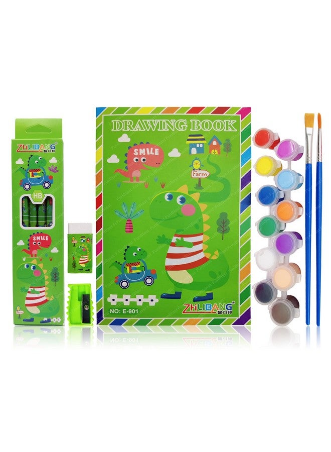 FunBlast Stationery Kit for Kids - 12 Water Colors and Paint Brushes, 6 Pencils, Drawing Book, Erasers, Sharpener for Art and Craft, Stationery Item for Kids, Birthday Return Gift for Kids (Green) - Image 1