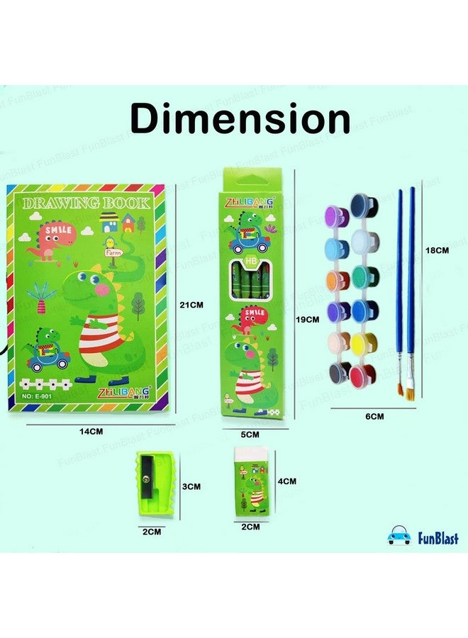 FunBlast Stationery Kit for Kids - 12 Water Colors and Paint Brushes, 6 Pencils, Drawing Book, Erasers, Sharpener for Art and Craft, Stationery Item for Kids, Birthday Return Gift for Kids (Green) - Image 2