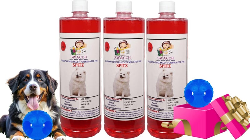 swacch Pet Shampoo | Puppy Safe Shampoo | PH Balanced | Ditch to Itch for Spitz Dog Shampoo 3 Litre (Strawberry) + Goofy Ball Chew Toy Combo Pack - Image 1