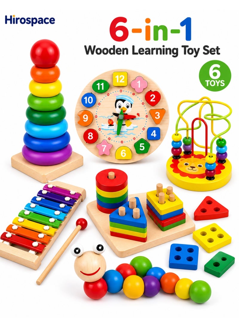 Hirospace 6-in-1 Wooden Montessori Activity Toy Set for Kids 3+ Years Old, Educational Sensory & Musical Learning Toys with Xylophone, Number Clock, Bead Maze, Stacking & Shape Sorting for Boys and Girls - Image 1