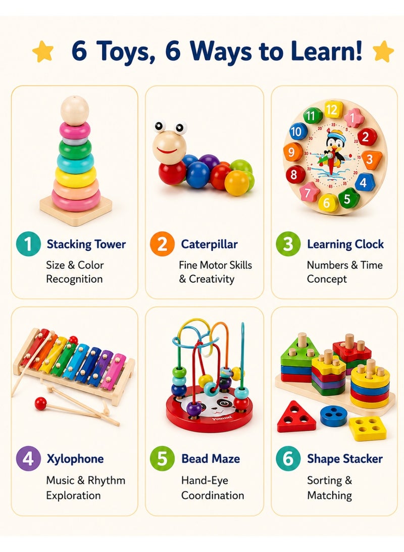 Hirospace 6-in-1 Wooden Montessori Activity Toy Set for Kids 3+ Years Old, Educational Sensory & Musical Learning Toys with Xylophone, Number Clock, Bead Maze, Stacking & Shape Sorting for Boys and Girls - Image 2