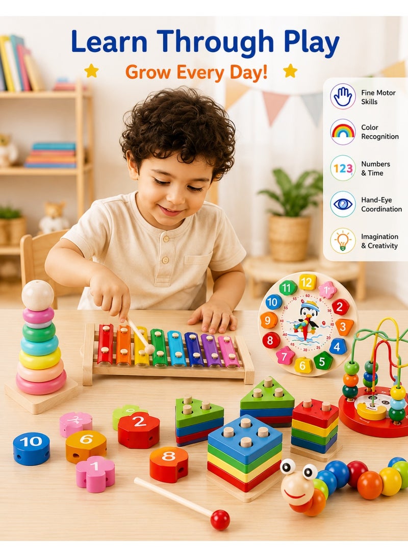 Hirospace 6-in-1 Wooden Montessori Activity Toy Set for Kids 3+ Years Old, Educational Sensory & Musical Learning Toys with Xylophone, Number Clock, Bead Maze, Stacking & Shape Sorting for Boys and Girls - Image 3