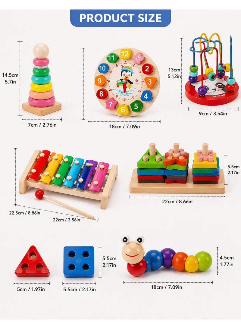 Hirospace 6-in-1 Wooden Montessori Activity Toy Set for Kids 3+ Years Old, Educational Sensory & Musical Learning Toys with Xylophone, Number Clock, Bead Maze, Stacking & Shape Sorting for Boys and Girls - Image 4