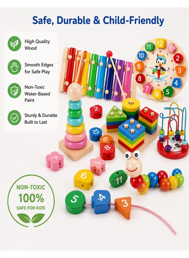 Hirospace 6-in-1 Wooden Montessori Activity Toy Set for Kids 3+ Years Old, Educational Sensory & Musical Learning Toys with Xylophone, Number Clock, Bead Maze, Stacking & Shape Sorting for Boys and Girls - Image 5