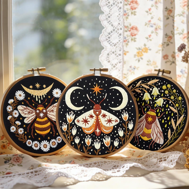 Armindou Hand Embroidery Starter Kits for Beginners Adults, Counted Stamped Cross Stitch Kit for Beginners Adults, Embroidery Needlepoint Kit with Moth Flower Pattern, 3 Hoops (Attached Teaching Video QR Code) - Image 2
