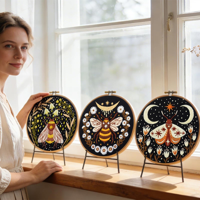Armindou Hand Embroidery Starter Kits for Beginners Adults, Counted Stamped Cross Stitch Kit for Beginners Adults, Embroidery Needlepoint Kit with Moth Flower Pattern, 3 Hoops (Attached Teaching Video QR Code) - Image 3