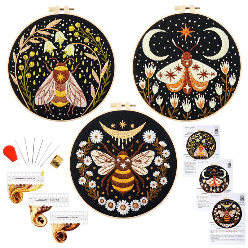 Armindou Hand Embroidery Starter Kits for Beginners Adults, Counted Stamped Cross Stitch Kit for Beginners Adults, Embroidery Needlepoint Kit with Moth Flower Pattern, 3 Hoops (Attached Teaching Video QR Code) - Image 1