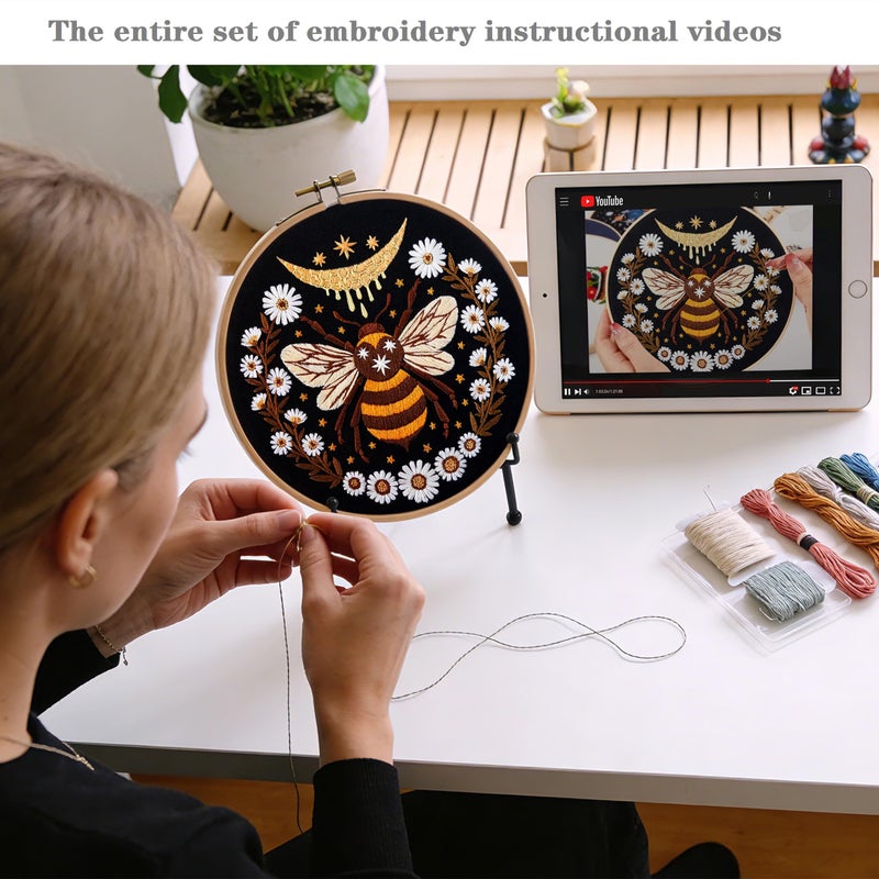 Armindou Hand Embroidery Starter Kits for Beginners Adults, Counted Stamped Cross Stitch Kit for Beginners Adults, Embroidery Needlepoint Kit with Moth Flower Pattern, 3 Hoops (Attached Teaching Video QR Code) - Image 4