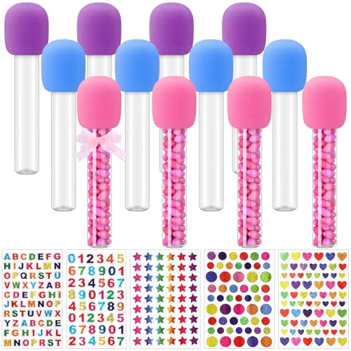 Newtay 12 Pcs Microphone Candy Tubes Kpop Themed Birthday Party Decor 10 Fake Plastic Microphone Prop Toy with Stickers for Karaoke Disco Singer Stage Favors Candy Not Included Purple Pink Blue - Image 1