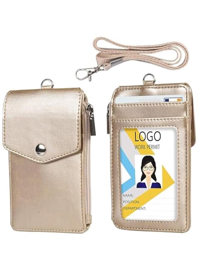 ID Badge Card Holder Wallet, PU Leather ID Badge Card Holder with 1 Clear Window and 3 Card Slots, Badge Holder with Zipper, Secure Cover and Lanyard, For Office School ID, Credit Cards (Gold) - Image 1