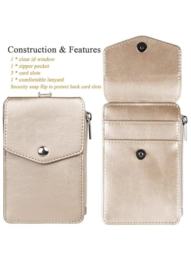 ID Badge Card Holder Wallet, PU Leather ID Badge Card Holder with 1 Clear Window and 3 Card Slots, Badge Holder with Zipper, Secure Cover and Lanyard, For Office School ID, Credit Cards (Gold) - Image 2