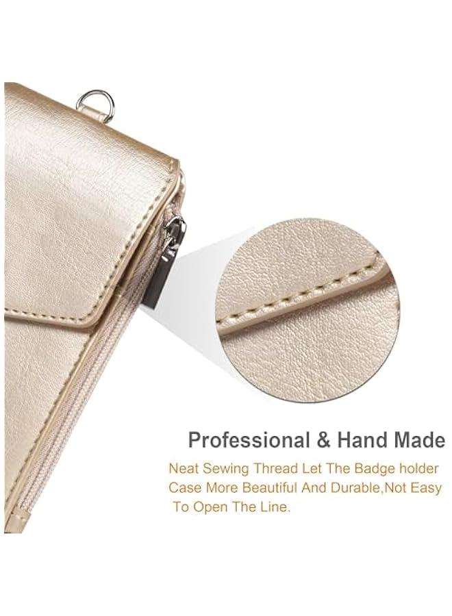 ID Badge Card Holder Wallet, PU Leather ID Badge Card Holder with 1 Clear Window and 3 Card Slots, Badge Holder with Zipper, Secure Cover and Lanyard, For Office School ID, Credit Cards (Gold) - Image 3