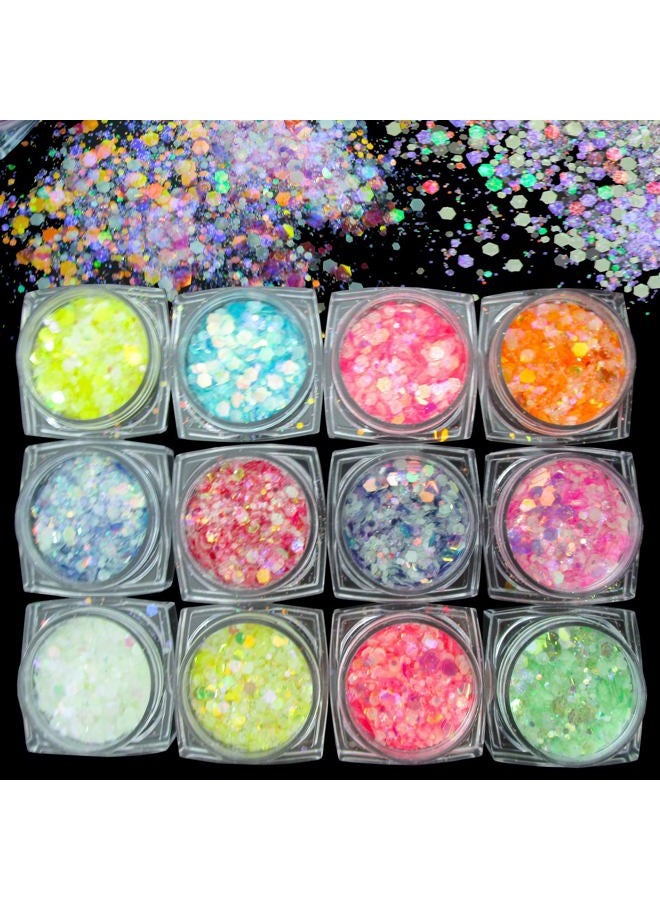 LuckForever 12 Colors Night Glow Chunky Glitters Flakes Luminous Neon Powder Glitter Sequins for Acrylic Nails/Crafts/Resin/Makeup/Festival/Slime - Image 3