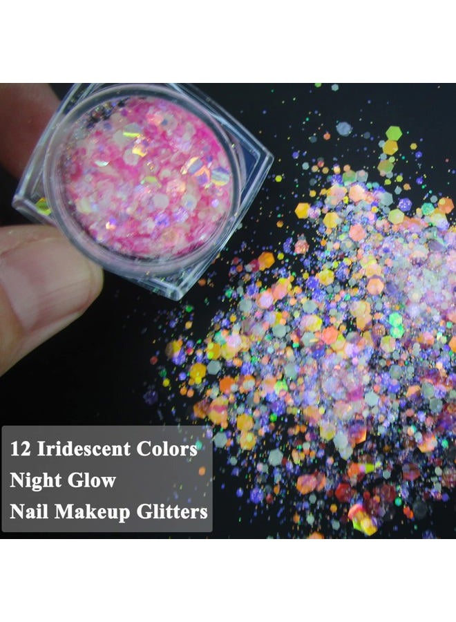 LuckForever 12 Colors Night Glow Chunky Glitters Flakes Luminous Neon Powder Glitter Sequins for Acrylic Nails/Crafts/Resin/Makeup/Festival/Slime - Image 2