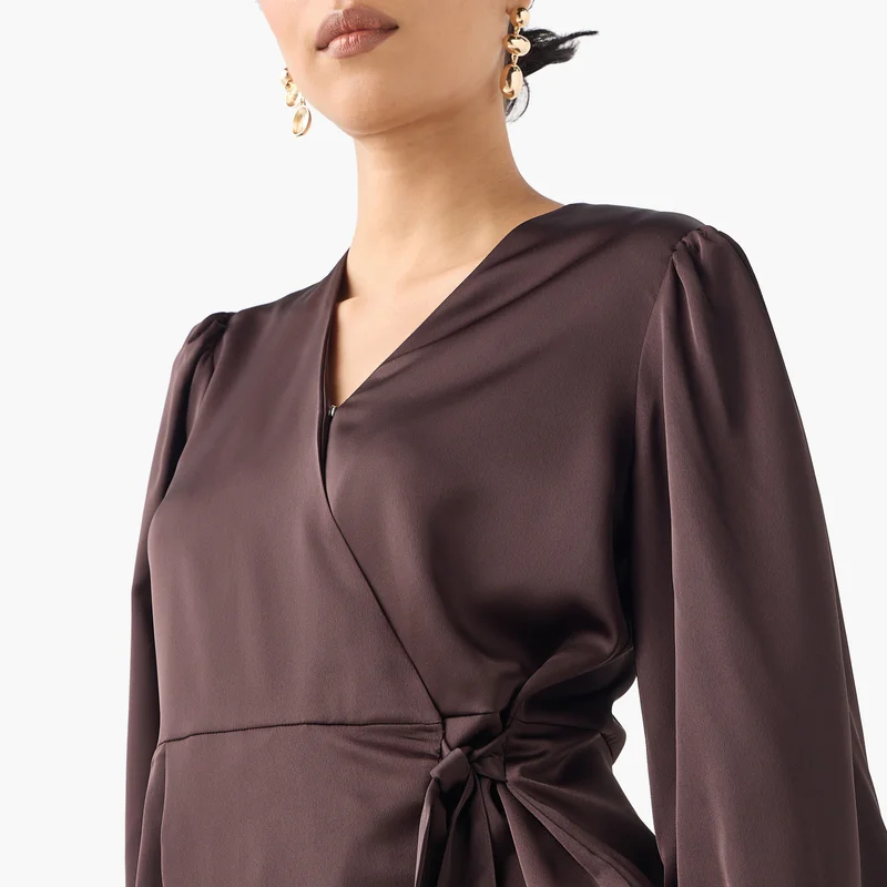 Iconic Iconic V-neck Wrap Top with Long Sleeves and Tie-Up Detail