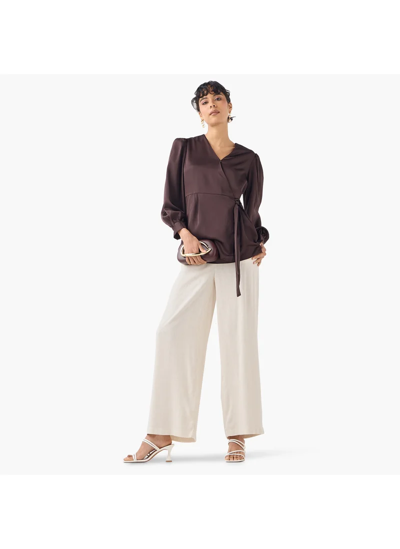 ايكونيك Iconic V-neck Wrap Top with Long Sleeves and Tie-Up Detail