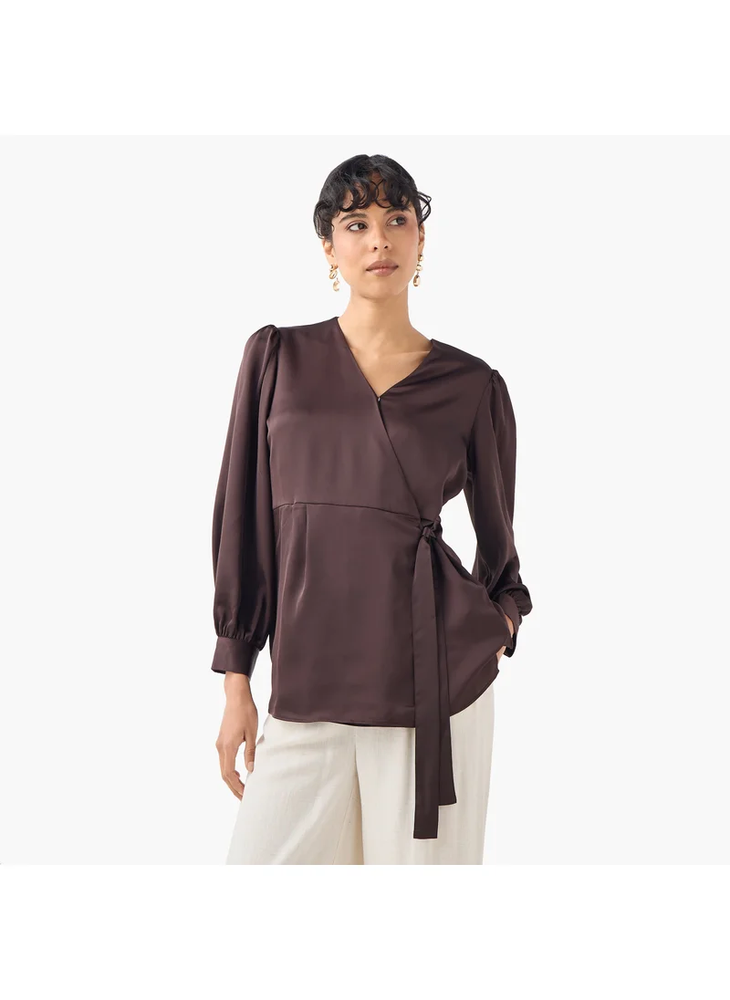 ايكونيك Iconic V-neck Wrap Top with Long Sleeves and Tie-Up Detail