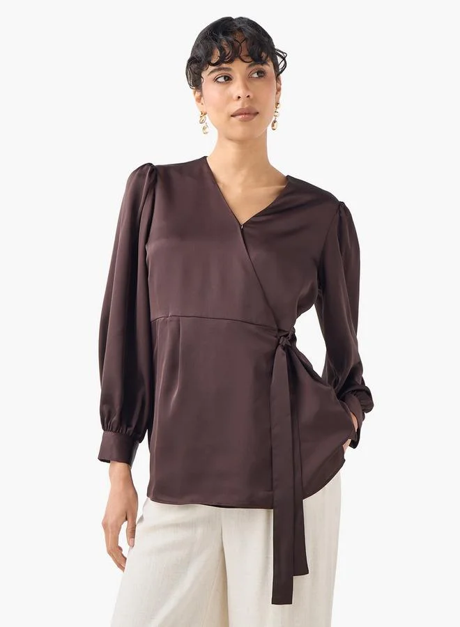 Iconic Iconic V-neck Wrap Top with Long Sleeves and Tie-Up Detail