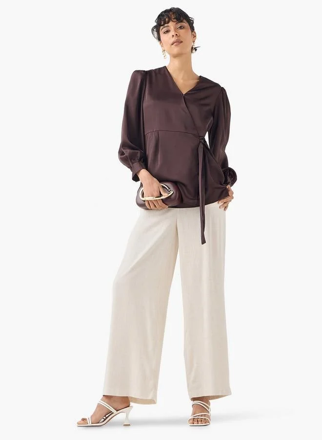 Iconic Iconic V-neck Wrap Top with Long Sleeves and Tie-Up Detail