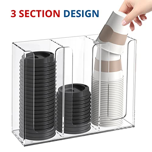 KOTEMON Acrylic Cup and Lid Holder, 3 Compartment, Disposable Coffee Cup Dispenser Cup Storage Organizer, Clear - Image 2