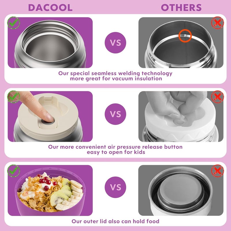 DaCool Insulated Food Jar Food Thermo Insulated Lunch Container 16 oz Vacuum Stainless Steel Kids Thermo for Hot Cold Food for Kids Adult with Spoon Leak Proof for School Office Travel, Purple - Image 4