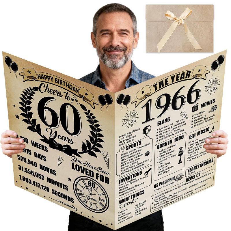 Uiorgui Large 60th Birthday Cards for Men Women, Vintage 1966 Happy 60th Birthday Greeting Card with Envelope Jumbo Sixty Guest Book Cheers to 60 Years Decorations Gifts Party Supplies - Image 1