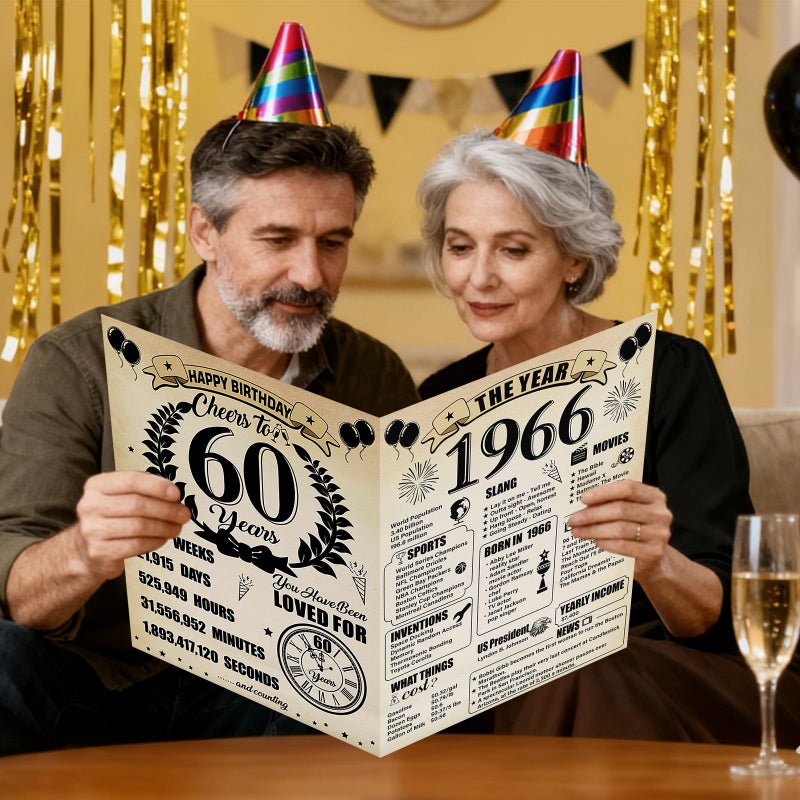 Uiorgui Large 60th Birthday Cards for Men Women, Vintage 1966 Happy 60th Birthday Greeting Card with Envelope Jumbo Sixty Guest Book Cheers to 60 Years Decorations Gifts Party Supplies - Image 5