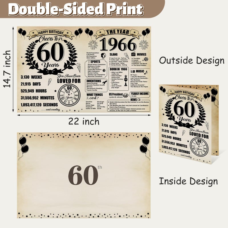 Uiorgui Large 60th Birthday Cards for Men Women, Vintage 1966 Happy 60th Birthday Greeting Card with Envelope Jumbo Sixty Guest Book Cheers to 60 Years Decorations Gifts Party Supplies - Image 2
