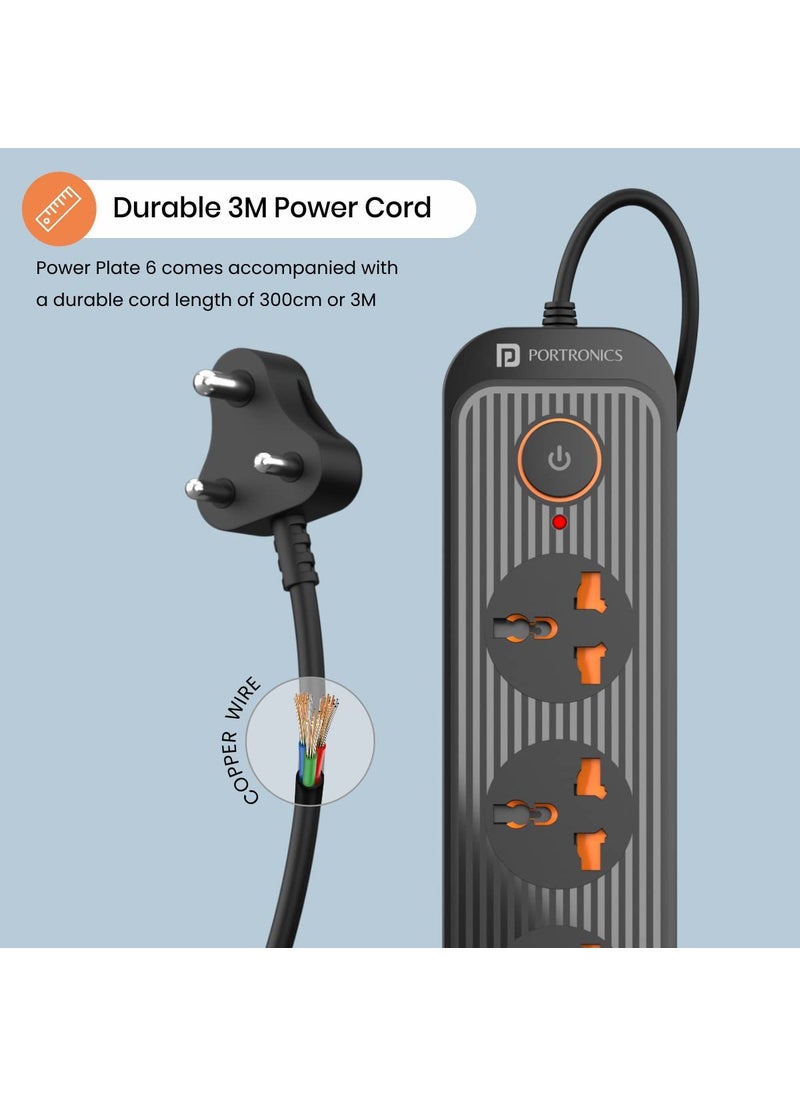 Portronics Power Plate 6 with 4 USB Port 5 Power Sockets Extension Board 2500W Power Converter Cord Length 3Mtr Black