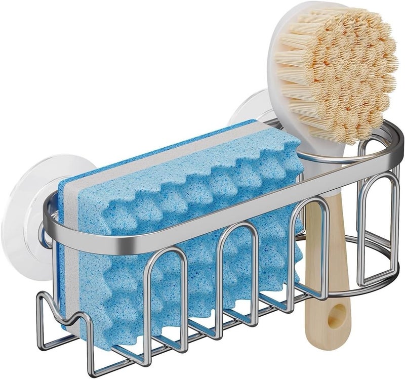 TESOT Sink Caddy Sponge Holder for Kitchen Sink 2 Suspension Options(Suction Cups and Adhesive Hook), SUS304 Stainless Steel, Silver - Image 1