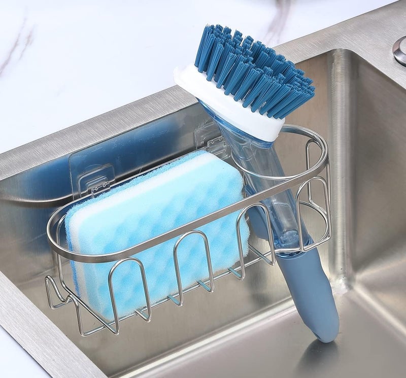 TESOT Sink Caddy Sponge Holder for Kitchen Sink 2 Suspension Options(Suction Cups and Adhesive Hook), SUS304 Stainless Steel, Silver - Image 4