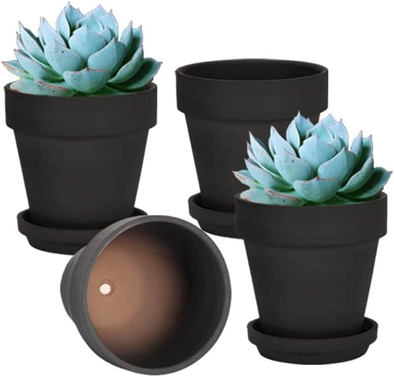 vensovo 6 Inch Black Terracotta & Clay Pots for Plant with Saucer - 4 Pack Medium Terra Cotta Planter with Drainage Hole, Flowerpot for Indoor Outdoor Plants, Crafts, Wedding Favor - Image 1