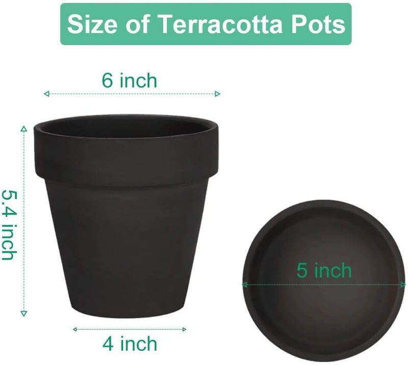 vensovo 6 Inch Black Terracotta & Clay Pots for Plant with Saucer - 4 Pack Medium Terra Cotta Planter with Drainage Hole, Flowerpot for Indoor Outdoor Plants, Crafts, Wedding Favor - Image 2