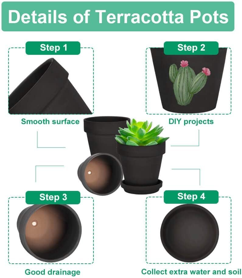 vensovo 6 Inch Black Terracotta & Clay Pots for Plant with Saucer - 4 Pack Medium Terra Cotta Planter with Drainage Hole, Flowerpot for Indoor Outdoor Plants, Crafts, Wedding Favor - Image 3